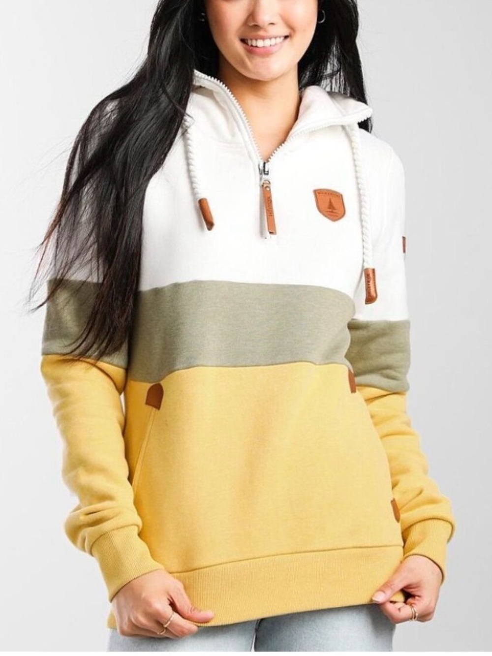 Wanakome 1/4 Zip Hoodie Mustard Yellow Cream Taupe Size XS